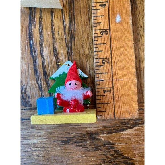 Vintage Wooden Christmas Ornaments Set Of 3 With Angel Figures & Santa On Base - Picture 2 of 6